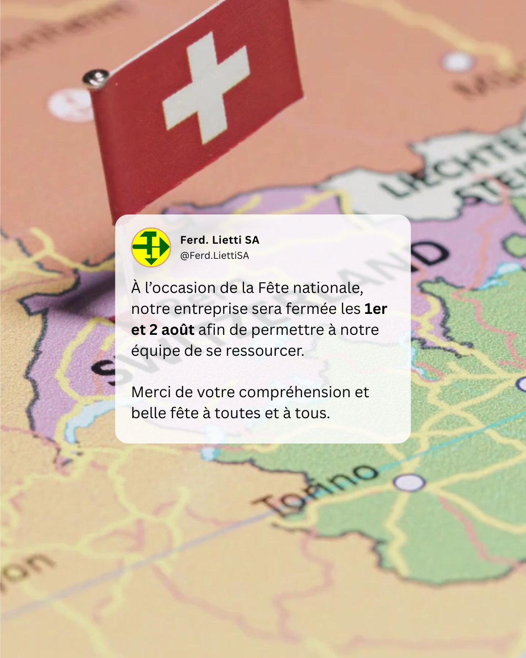 À l’occasion de la Fête nationale suisse, notre entreprise sera exceptionnellement fermée le vendredi 1er août et le samedi 2 août 🗓️ afin de nous reposer et revenir en pleine forme 💪 pour ce début de mois. 🙏 Merci pour votre compréhension et bonne fête nationale à toutes et à tous 🎉✨ #accueil #news