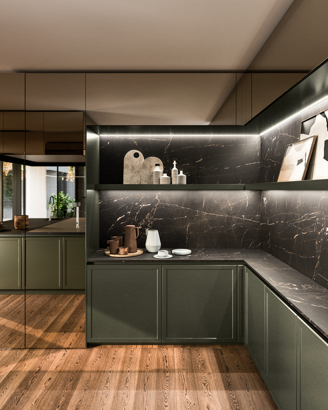 Les portes Frame, dessinées par Massimo Iosa Ghini pour @snaiderocucine, en laque micalisée Vert Grey, dialoguent avec les colonnes à effet miroir et créent un environnement au caractère affirmé. #Snaidero #AssaggidiVita #cuisines #snaidero #design #accueil #news