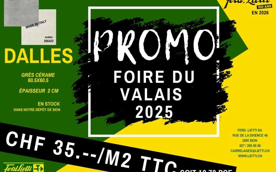 Profitez de notre promotion exceptionnelle sur les dalles en grès cérame 60.5 x 60.5 cm, épaisseur 2 cm – disponibles en teintes Grey et Sabbia. ✅ CHF 35.–/m² TTC (soit CHF 12.78/pce) ✅ En stock dans notre dépôt de Sion ✅ Qualité supérieure – Made in Italy 📌 Offre valable pour toutes réservations effectuées avant fin octobre 2025. 📍 Ferd. Lietti SA – Rue de la Dixence 48, 1950 Sion 📞 027 205 65 85 | ✉️ carrelages@lietti.ch 🌐 www.lietti.ch #news #accueil #carrelages