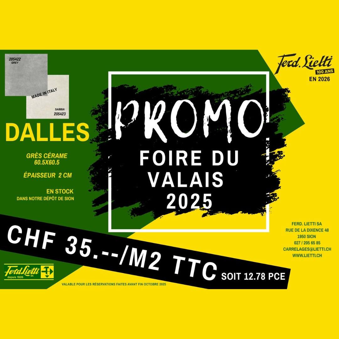 Profitez de notre promotion exceptionnelle sur les dalles en grès cérame 60.5 x 60.5 cm, épaisseur 2 cm – disponibles en teintes Grey et Sabbia. ✅ CHF 35.–/m² TTC (soit CHF 12.78/pce) ✅ En stock dans notre dépôt de Sion ✅ Qualité supérieure – Made in Italy 📌 Offre valable pour toutes réservations effectuées avant fin octobre 2025. 📍 Ferd. Lietti SA – Rue de la Dixence 48, 1950 Sion 📞 027 205 65 85 | ✉️ carrelages@lietti.ch 🌐 www.lietti.ch #news #accueil #carrelages