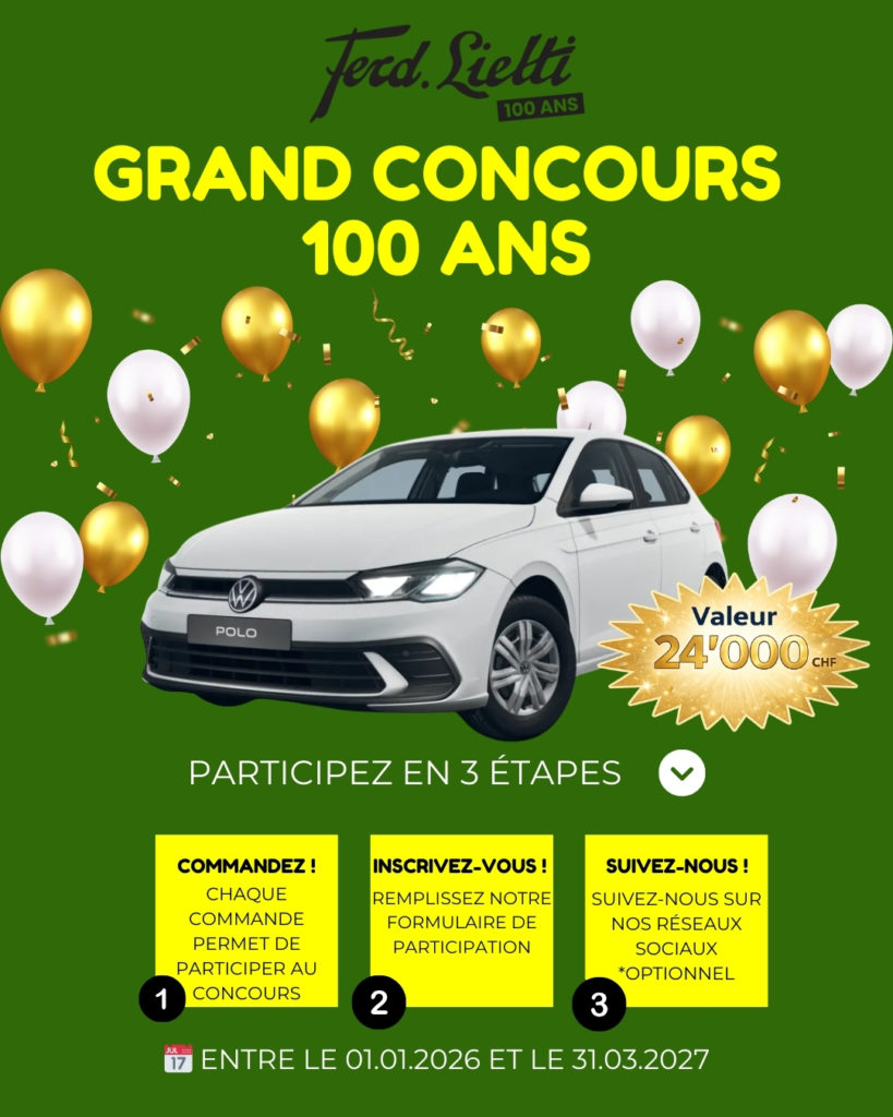 Pour célébrer notre centenaire, nous vous donnons l’opportunité de remporter une voiture d’une valeur de CHF 24’000.–. Participer est simple : 1️⃣ Passez commande 2️⃣ Inscrivez-vous en ligne sur notre site internet 3️⃣ Suivez-nous sur nos réseaux (conseillé pour ne rien manquer) 📅 Participation valable pour toutes commandes du 01.01.2026 au 31.03.2027 👉 Toutes les informations et formulaire de participation : https://lietti.ch/100-concours/ Merci à toutes celles et ceux qui font vivre Ferd. Lietti SA depuis 1926. Bonne chance à toutes et tous 🍀 #FerdLietti #100ans #Concours #Valais #Sion #Construction #Clients #Anniversaire #VoitureAGagner #100