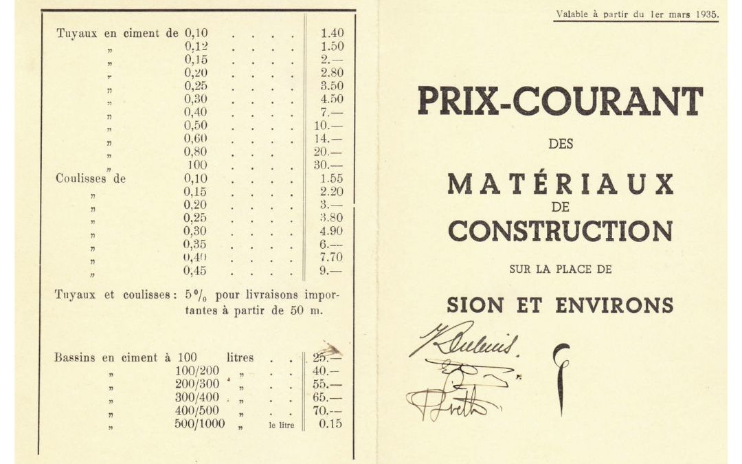 - Prix des matériaux en 1935 ! Nous vous partageons aujourd’hui un document d’époque présentant le prix-courant des matériaux de construction à Sion et environs. Tuyaux en ciment, coulisses, bassins… avec des prix qui feraient aujourd’hui sourire et qui nous replongent près de 90 ans en arrière. 📅 Chaque vendredi, une nouvelle archive. #ArchivesLietti #100ansLietti #Sion #Valais #Construction #Patrimoine #100ans