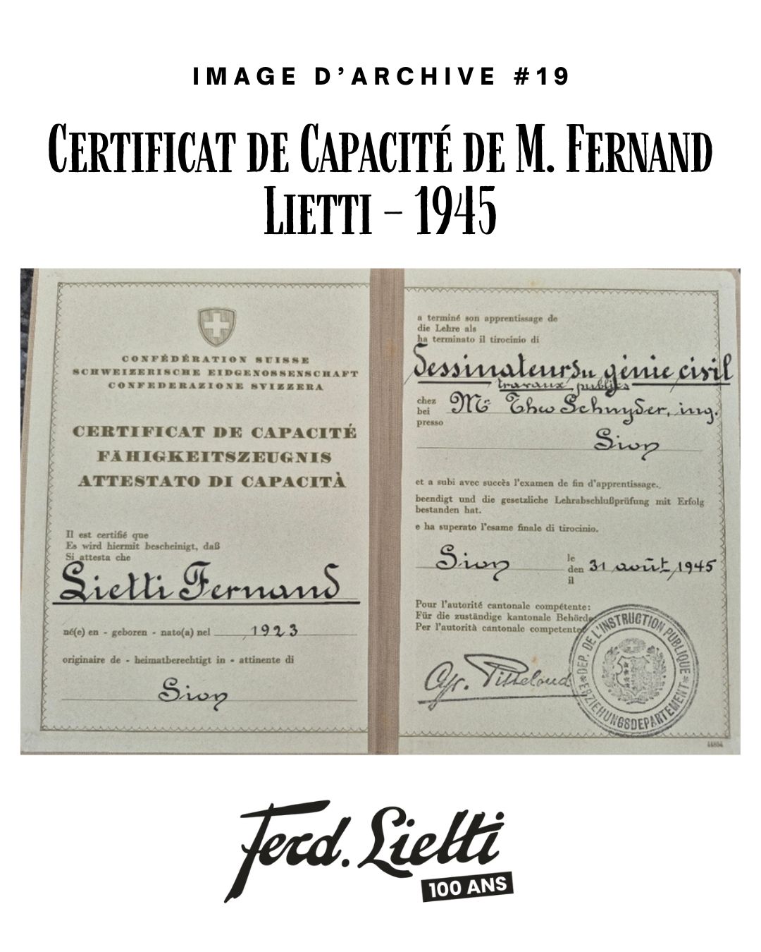 Fernand Lietti obtient, à 22 ans, son certificat de capacité de dessinateur en génie civil à Sion. Un moment clé pour la 2ᵉ génération de l’entreprise 💪 À l’époque, être apprenti, c’était une autre réalité 👇 💰 Salaire 30.– / mois en 1ère année 50.– / mois en 2ème année ⏱️ Conditions 48h de travail par semaine 6 jours de vacances par année En cas d’arrêt de l’apprentissage, l’apprenti devait verser jusqu’à 400 .- à l’employeur comme dommages et intérêts. (Un montant conséquent pour l’époque) Aujourd'hui, les conditions ont évolué, mais l’exigence et la passion du métier sont toujours là 🔥 📅 Chaque vendredi, une nouvelle archive. #FerdLietti #100ans #Archives #Histoire #Sion #Valais #SavoirFaire #Construction #GenieCivil #Apprentissage #Tradition #Evolution #100