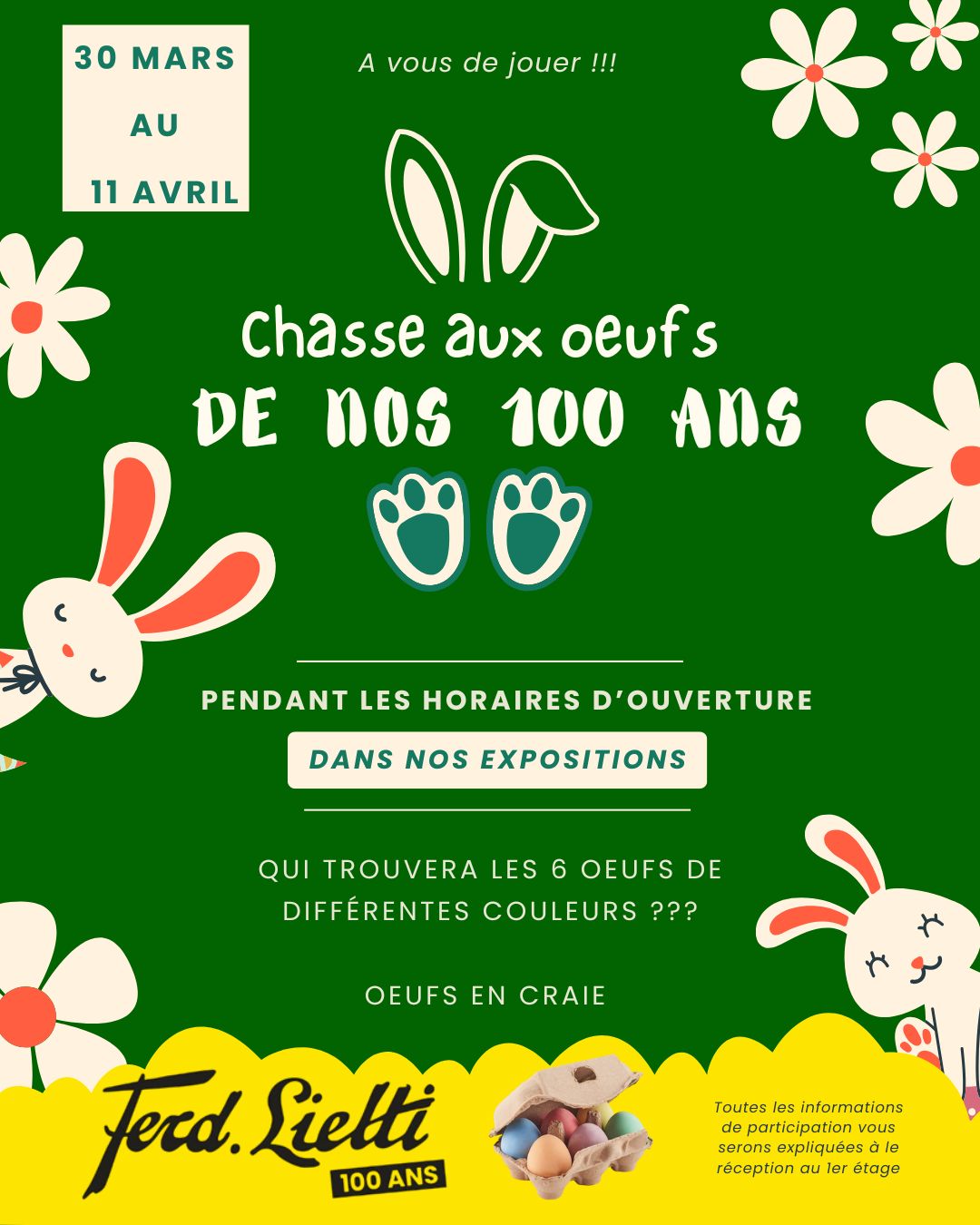 chez @ferd.liettisa! À l’occasion de Pâques et de nos 100 ans, nous organisons une chasse aux œufs en craie (de chez @texorio_sa) pour les enfants ! 📅Du lundi 30 mars au 11 avril 2026. Venez tenter de trouver les œufs en craie cachés dans notre showroom 🎉 👉 Toutes les infos vous serons expliquées à la réception au 1 er étage ! Taguez des parents qui pourraient être intéressés ! #Sion #Valais #Paques #Lietti100ans #news #accueil
