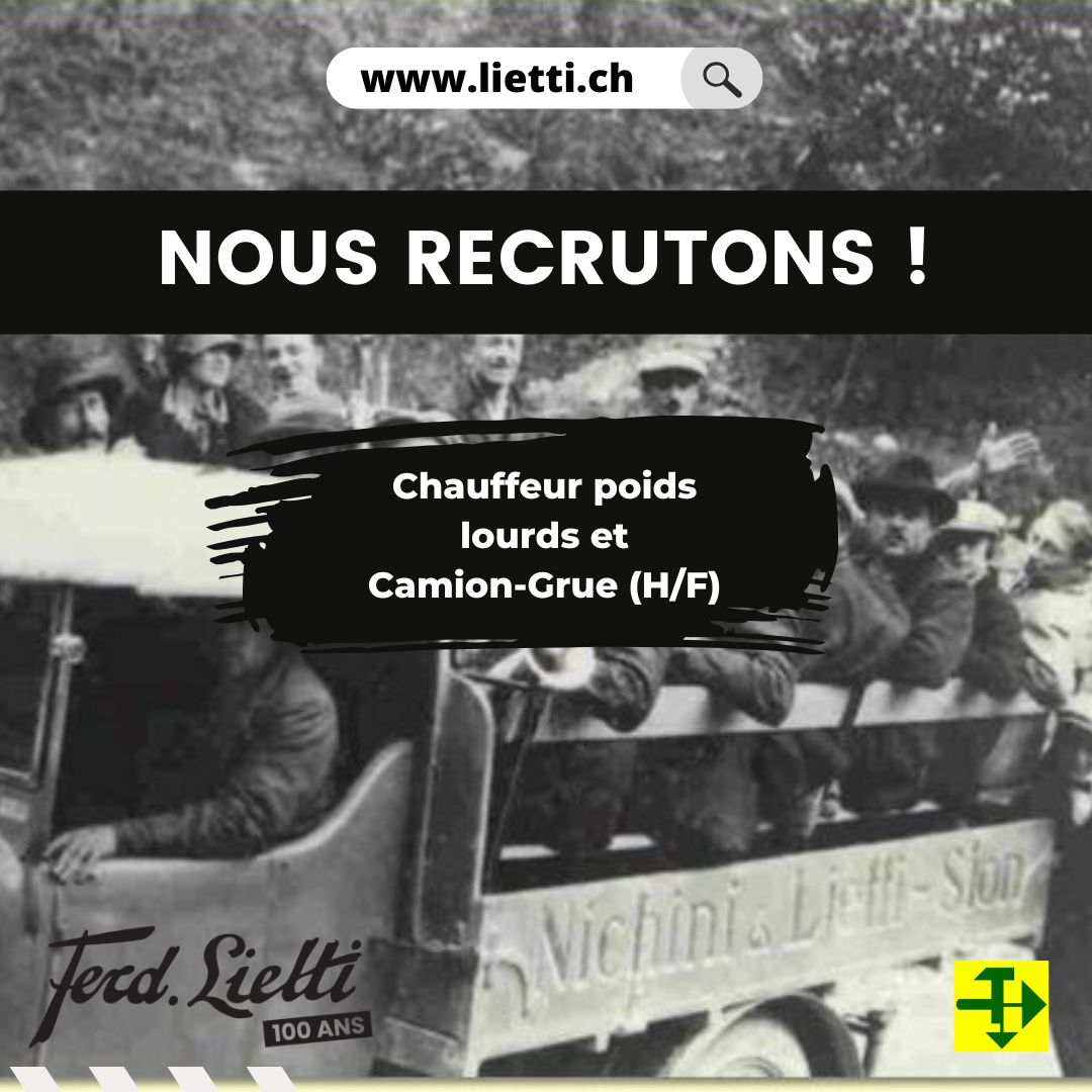 Chauffeur poids lourds et camion-grue : ▪ Expérience confirmée de la grue indispensable ▪ Horaire fixe ▪ Activité principale : Valais romand ▪ Participation aux activités de magasinier / logisticien dans notre dépôt exigée Profil : ▪ CFC ▪ Quelques années d’expérience ▪ Personne autonome, fiable et polyvalente 📩 Merci d’adresser votre dossier complet uniquement par e-mail à : s.coccolo@lietti.ch #news #accueil
