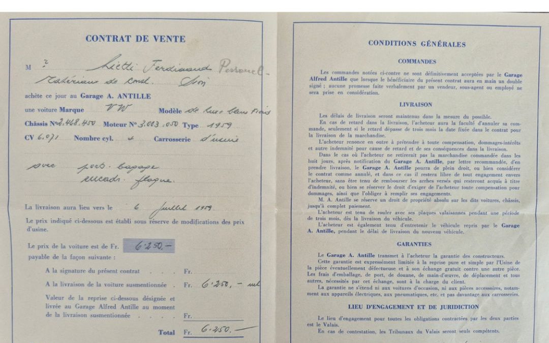 Un contrat de vente avec le @garage.olympic.sa à Sion, retrouvé dans nos archives 🚗 Déjà partenaires en 1959… et toujours partenaires aujourd’hui ! D’ailleurs, c’est avec eux que nous avons lancé notre grand concours des 100 ans Ferd. Lietti SA, avec une voiture à gagner. Une belle histoire valaisanne qui continue depuis plusieurs générations ✨ #100ansFerdLietti #ArchivesFerdLietti #Depuis1926 #GarageOlympic #Valais #100ans #100