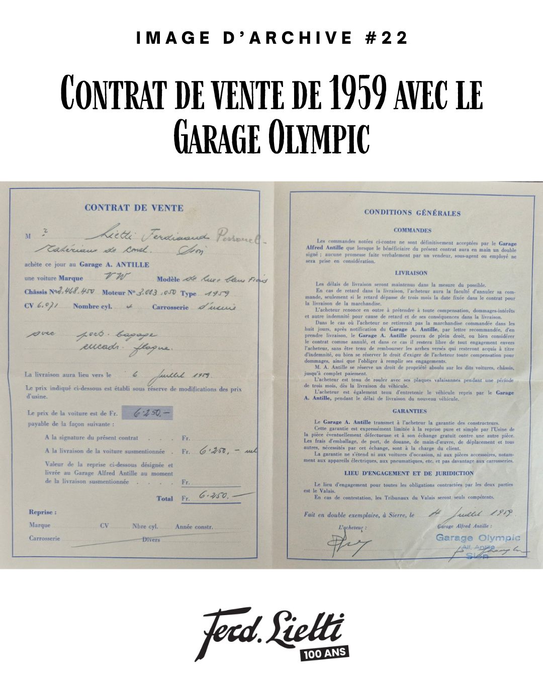 Un contrat de vente avec le @garage.olympic.sa à Sion, retrouvé dans nos archives 🚗 Déjà partenaires en 1959… et toujours partenaires aujourd’hui ! D’ailleurs, c’est avec eux que nous avons lancé notre grand concours des 100 ans Ferd. Lietti SA, avec une voiture à gagner. Une belle histoire valaisanne qui continue depuis plusieurs générations ✨ #100ansFerdLietti #ArchivesFerdLietti #Depuis1926 #GarageOlympic #Valais #100ans #100