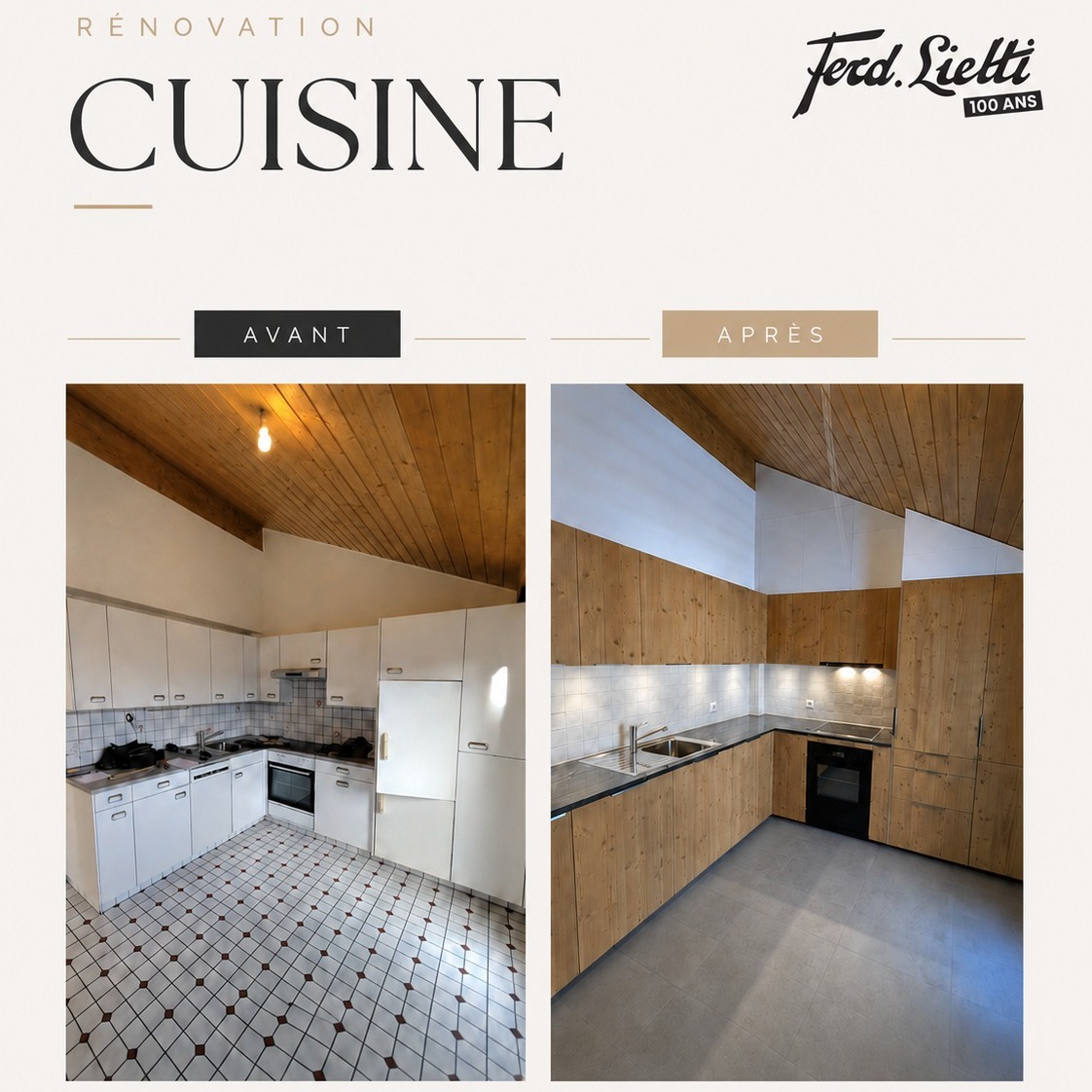 Une belle transformation pour cette cuisine, avec un nouvel espace plus moderne, chaleureux et fonctionnel 👌 🌲 Façades en sapin 3 plis brossé naturel vernis 🖤 Plan de travail en granit Black poli brillant ⚡ Électroménager @vzug 💡 Éclairage intégré sous les meubles hauts 👩💻 Conception : @jennifer_ga22 🛠️ Montage : @prazjo Un projet sobre, durable et pensé dans les détails 🤍 #FerdLietti #100ans #RénovationCuisine #Cuisines #AvantAprès #Sion #Valais #AménagementIntérieur #VZUG @mobalpa #news #accueil