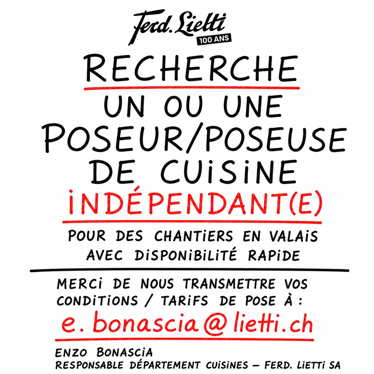 Ferd. Lietti SA recherche un ou une poseur/poseuse de cuisine indépendant(e) pour des chantiers en Valais, avec disponibilité rapide. Merci de nous transmettre vos conditions / tarifs de pose à : 📩 e.bonascia@lietti.ch Enzo Bonascia Responsable département cuisines #news #accueil @enzobonascia