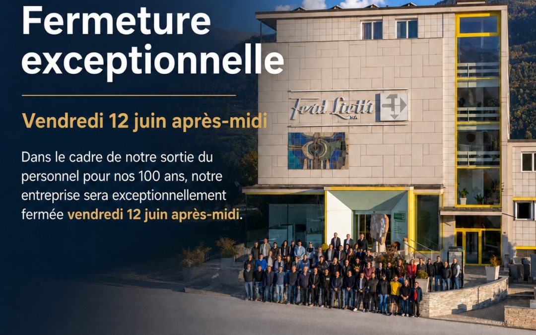 À l’occasion de notre sortie du personnel organisée dans le cadre des 100 ans de Ferd. Lietti SA, notre entreprise sera exceptionnellement fermée ce vendredi après-midi. Merci pour votre compréhension. Nous nous réjouissons de partager prochainement avec vous quelques images📸 L’équipe Ferd. Lietti SA #Lietti100ans #news #accueil