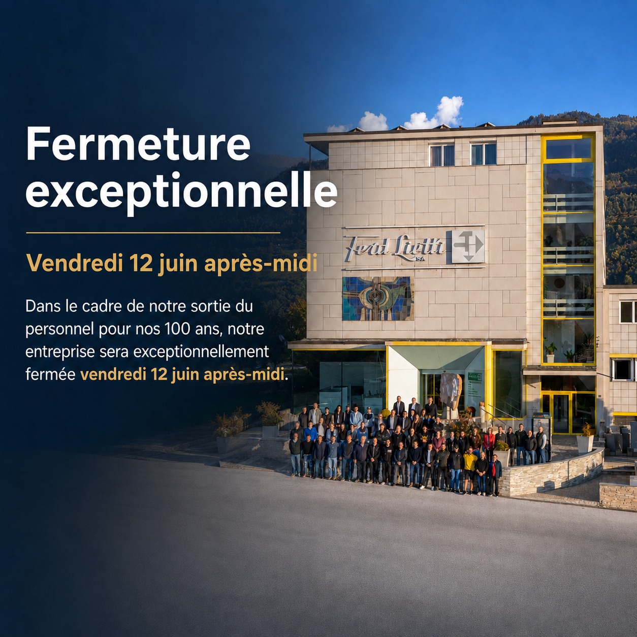 À l’occasion de notre sortie du personnel organisée dans le cadre des 100 ans de Ferd. Lietti SA, notre entreprise sera exceptionnellement fermée ce vendredi après-midi. Merci pour votre compréhension. Nous nous réjouissons de partager prochainement avec vous quelques images📸 L’équipe Ferd. Lietti SA #Lietti100ans #news #accueil