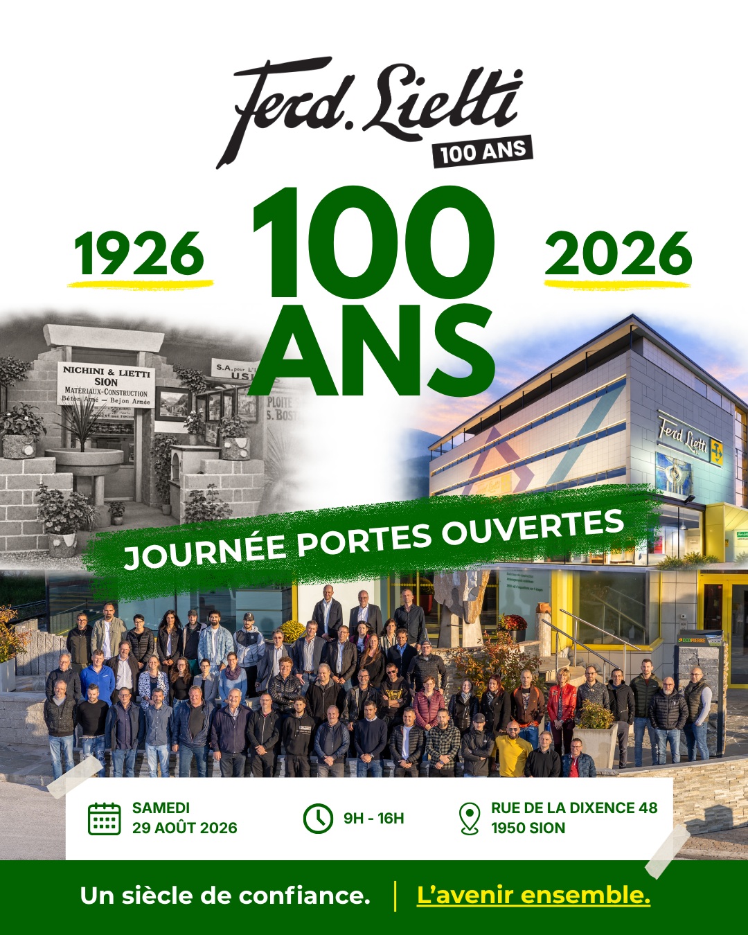 À l’occasion de son centenaire, Ferd. Lietti SA vous ouvre ses portes pour une journée placée sous le signe de la découverte et de la convivialité. 📅 Samedi 29 août 2026 🕘 9h00 – 16h00 📍 Rue de la Dixence 48, Sion Au programme : 🏢 Visite de nos expositions et dépôts 🛠️ Démonstrations avec nos partenaires 👥 Rencontres avec nos équipes 🍴 Dégustations 🎉 Animations 🎁 Concours Entrée libre – aucune inscription nécessaire. En famille, entre amis ou entre professionnels, venez découvrir les coulisses de Ferd. Lietti SA et célébrer avec nous 100 ans de savoir-faire, de proximité et de passion. Rendez-vous le 29 août ! 🥂 #FerdLietti #FerdLietti100ans #100ans #PortesOuvertes #Sion #Valais #Construction #Rénovation #Habitat #news #accueil #100 #100ans