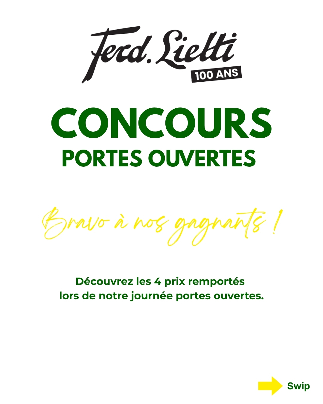 À l’occasion des 100 ans de Ferd. Lietti SA, vous avez été nombreux à participer à notre concours, et nous avons maintenant le plaisir d’annoncer les gagnants. 💚💛 🥇 1er prix – Réfrigérateur @sibirgroup Oldtimer OTN 32010 BL Félicitations à Claude S. 🥈 2e prix – Aspirateur @miele Boost CX1 Félicitations à Anouk B. 🥉 3e prix – Ensemble à pizza @vzug avec pelle en bois de chêne Félicitations à Jean-Eric H. 🏅 4e prix – Robot de cuisine @boschhomesuisse MUM5 Série 4 CreationLine avec accessoires Félicitations à Claude C. Les gagnants seront contactés par e-mail afin de convenir des modalités de remise de leur prix. Un grand merci à toutes les personnes qui ont participé au concours et qui sont venues partager cette journée avec nous. 100 ans, ça se fête aussi avec vous. #FerdLietti #Lietti100ans #Concours #PortesOuvertes #Sion #Valais #news #accueil #100