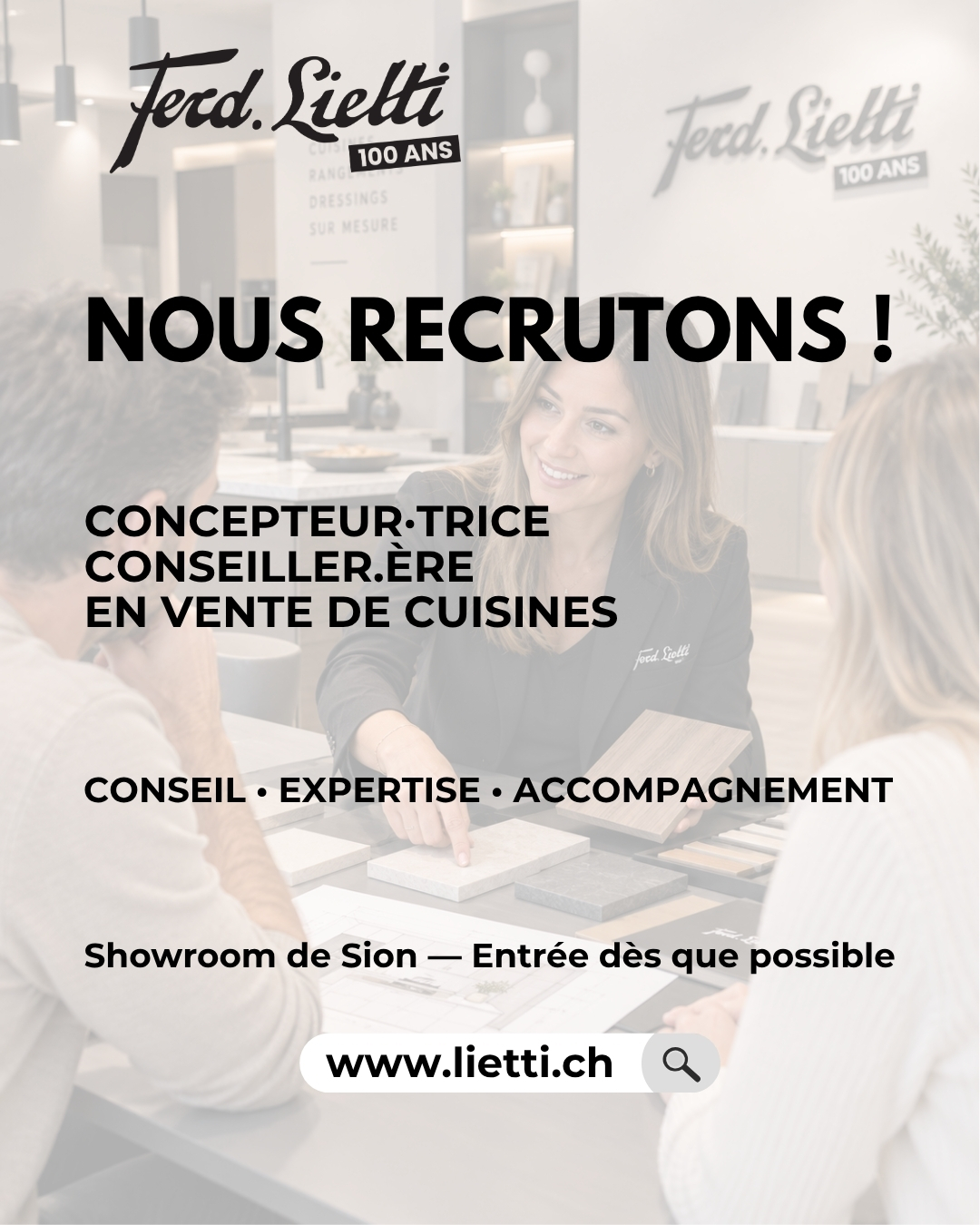 Nous recrutons ! 👋 Pour notre département Cuisines à Sion, nous recherchons un·e : Concepteur·trice / Conseiller·ère en vente de cuisines Vous aimez imaginer des espaces, conseiller les clients et les accompagner dans la réalisation de leur projet ? Cette opportunité pourrait vous intéresser. Votre mission : accueillir, conseiller et accompagner nos clients, de la conception du projet jusqu’à sa réalisation. Nous recherchons une personne disposant d’une expérience réussie dans un poste similaire, avec une bonne aisance relationnelle, des connaissances techniques et une maîtrise des logiciels de conception de cuisines tels que InSitu et Metron. 📍 Showroom de Sion 📅 Entrée en fonction : à convenir Envie de rejoindre l’équipe Ferd. Lietti SA ? Postulez par email à s.coccolo@lietti.ch #ferdlietti #lietti100ans #recrutement #emploi #sion #valais #cuisine #conception #vente #conseil #showroom #100 #accueil #news