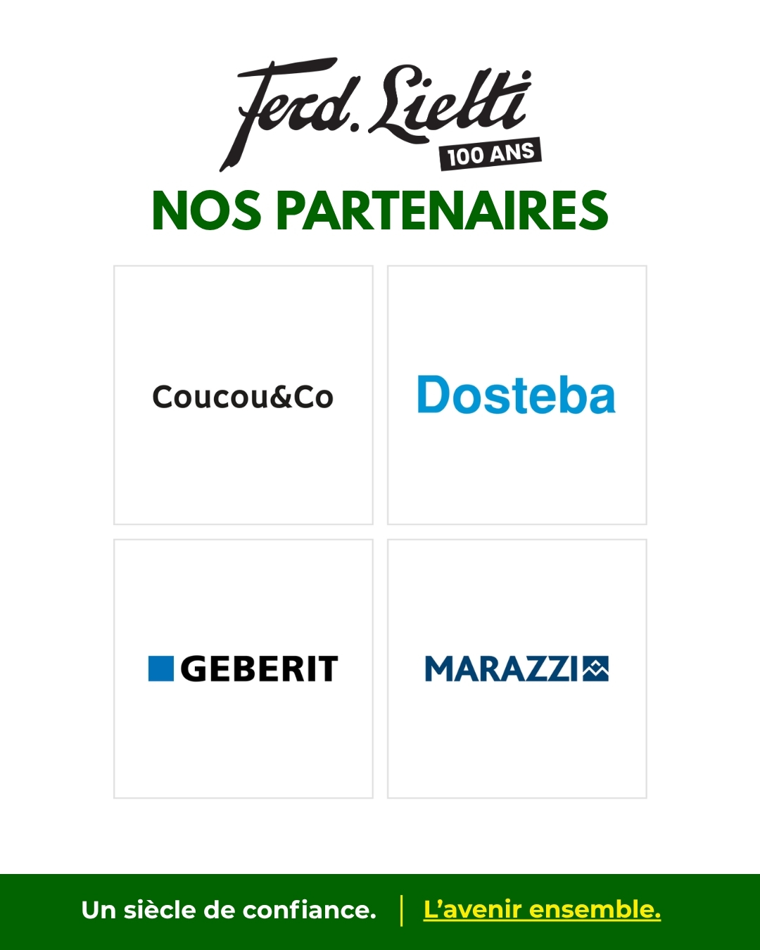 À l’occasion des 100 ans de Ferd. Lietti SA, nous poursuivons notre série consacrée aux partenaires qui nous accompagnent et contribuent, chacun dans leur domaine, à la qualité des solutions que nous proposons. @coucounco 🏡 Acteur valaisan de la gestion locative et de l’hébergement, avec une approche axée sur la proximité, le service et la valorisation des biens. @dosteba_ag 🏗️ Entreprise familiale suisse spécialisée dans les éléments de montage et les solutions permettant de limiter les ponts thermiques pour les façades isolées. @geberi 🚿 Une référence dans le domaine de la technique sanitaire, avec des solutions pensées pour allier fiabilité, fonctionnalité et confort. @marazziceramiche 🧱 Un savoir-faire reconnu dans les revêtements céramiques et le grès cérame, au service de l’architecture et de l’aménagement intérieur. Un grand merci à ces partenaires pour leur confiance et leur contribution à notre histoire. Découvrez l’ensemble de nos partenaires : www.lietti.ch/100-partenaires #ferdlietti #lietti100ans #partenaires #valais #sion #construction #rénovation #matériaux #sanitaires #carrelages #100 #news #accueil