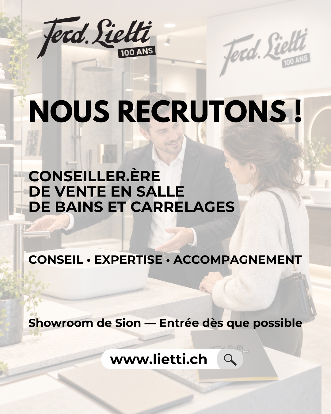Nous recrutons ! 👋 Pour renforcer notre équipe au showroom de Sion, nous recherchons un·e : Conseiller·ère de vente en salle de bains et carrelages Vous aimez le contact client, l’aménagement intérieur et accompagner des projets de A à Z ? Cette opportunité pourrait vous intéresser. Votre mission : accueillir, conseiller et accompagner nos clients dans leurs choix de sanitaires, salles de bains et carrelages, en leur proposant des solutions adaptées à leurs besoins, à leurs envies et à leur projet. Nous recherchons une personne à l’aise dans le conseil et la vente, disposant d’un bon sens relationnel, d’un intérêt pour les produits techniques et d’une réelle envie d’accompagner nos clients avec professionnalisme. 📍 Showroom Ferd. Lietti SA – Sion 📅 Entrée en fonction : dès que possible Envie de rejoindre l’équipe Ferd. Lietti SA ? Postulez par email à s.coccolo@lietti.ch #ferdlietti #lietti100ans #recrutement #emploi #sion #valais #salledebains #sanitaire #carrelage #vente #conseil #showroom #100 #accueil #news