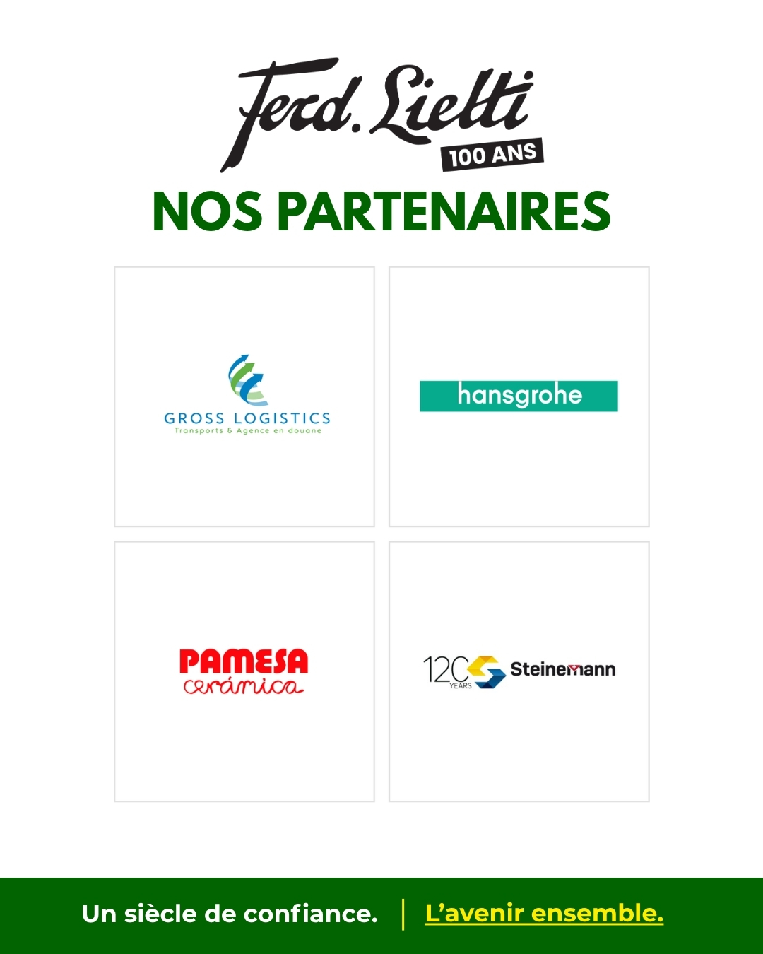 À l’occasion des 100 ans de Ferd. Lietti SA, nous poursuivons notre série consacrée aux partenaires qui nous accompagnent au quotidien. Transport, robinetterie, céramique ou solutions pour la construction : des savoir-faire différents, mais un même objectif, vous proposer des solutions fiables et adaptées à chaque étape de votre projet. @grosslogistics_sa 🤝 Pour assurer la logistique autour de vos projets, Gross Logistics propose des solutions de transport et d’agence en douane pensées pour accompagner efficacement les flux et les besoins du terrain. @hansgrohe 🚿 Pour imaginer une salle de bains ou une cuisine à la fois fonctionnelle et esthétique, Hansgrohe développe des solutions reconnues pour leur design, leur qualité et leur durabilité. @pamesaceramica 🧱 Pour donner du caractère à vos espaces, Pamesa conçoit et fabrique des surfaces céramiques offrant un large choix de styles, de formats et de finitions. @steinemann.fernwaerme 🏗️ Pour répondre aux exigences du chantier, Steinemann propose des solutions destinées au secteur de la construction, avec une approche pratique, efficace et orientée terrain. Un grand merci à ces partenaires pour leur confiance et leur collaboration. 💚💛 Envie de découvrir certaines de ces solutions ? Passez nous voir dans notre exposition de Sion pour voir, comparer, toucher les matériaux et échanger avec notre équipe. #ferdlietti #lietti100ans #partenaires #sion #valais #construction #rénovation #habitat #100 #news #accueil